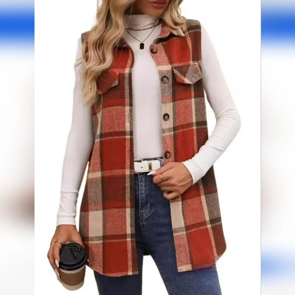 PRECIOUS Plaid Sleeveless Shirt/Vest/Shacket In Burnt Orange/Brown/Tan - Picture 2 of 5